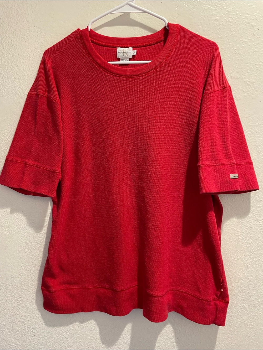 Calvin Klein Jeans Red Waffle Knit Short Sleeve Thermal Lounge Top Women XL